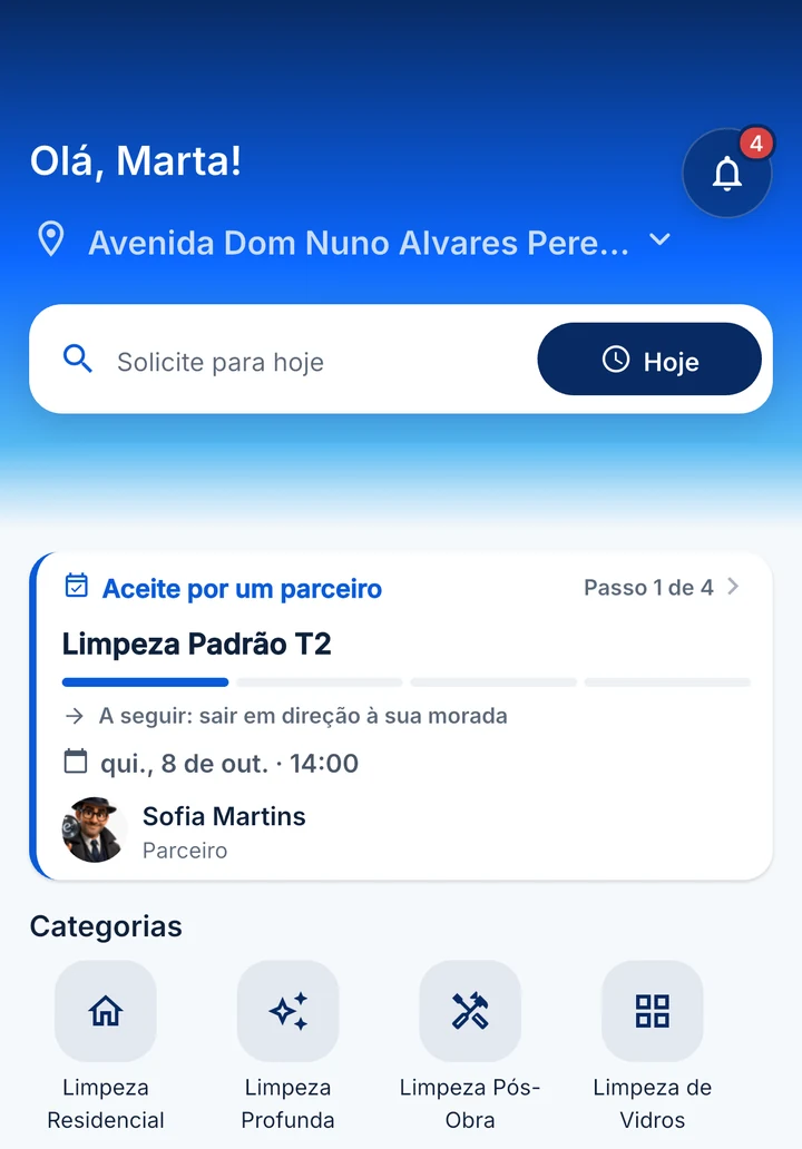Ecrã inicial do Esplêndido App, com o pedido em curso e as categorias de limpeza